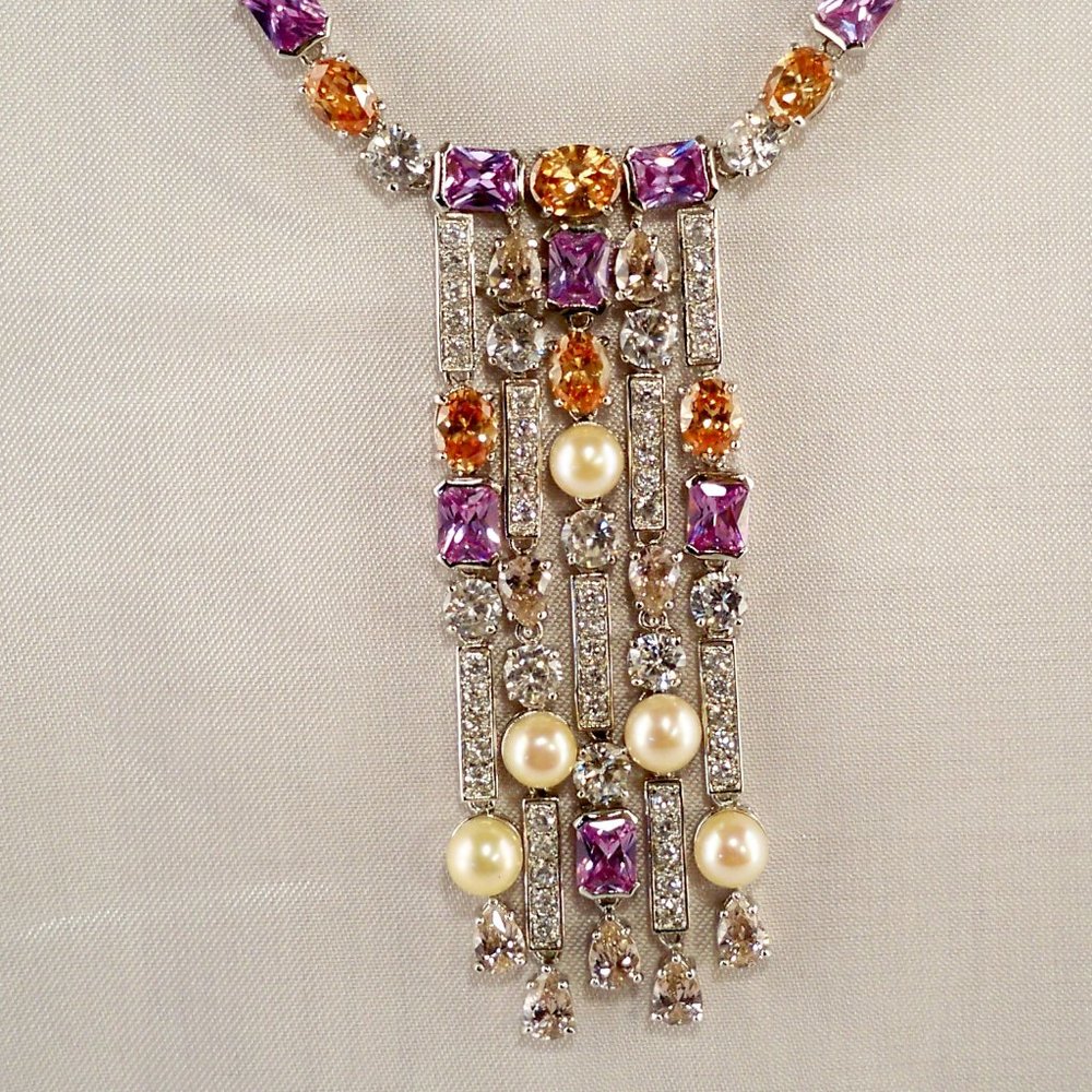 NEW HSN Pearls, Lite Pink, Orenge, Purple Cubic Zirconias Necklace